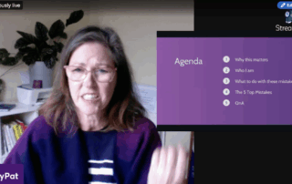 Screenshot of LInkedIn Live on 1 Sept featuring MaryPat teaching about the 5 Mistakes Leaders Make and How To Avoid them