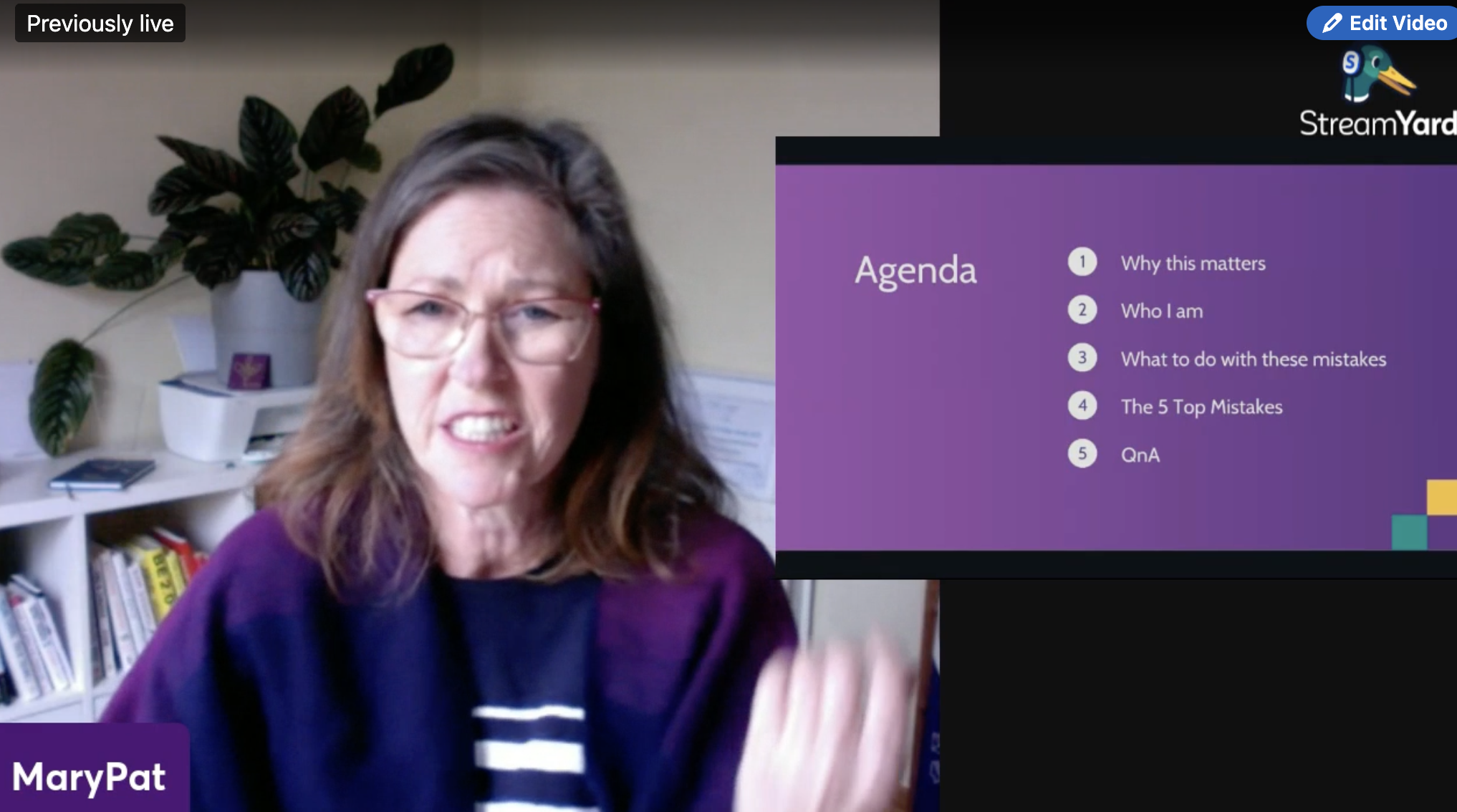 Screenshot of LInkedIn Live on 1 Sept featuring MaryPat teaching about the 5 Mistakes Leaders Make and How To Avoid them