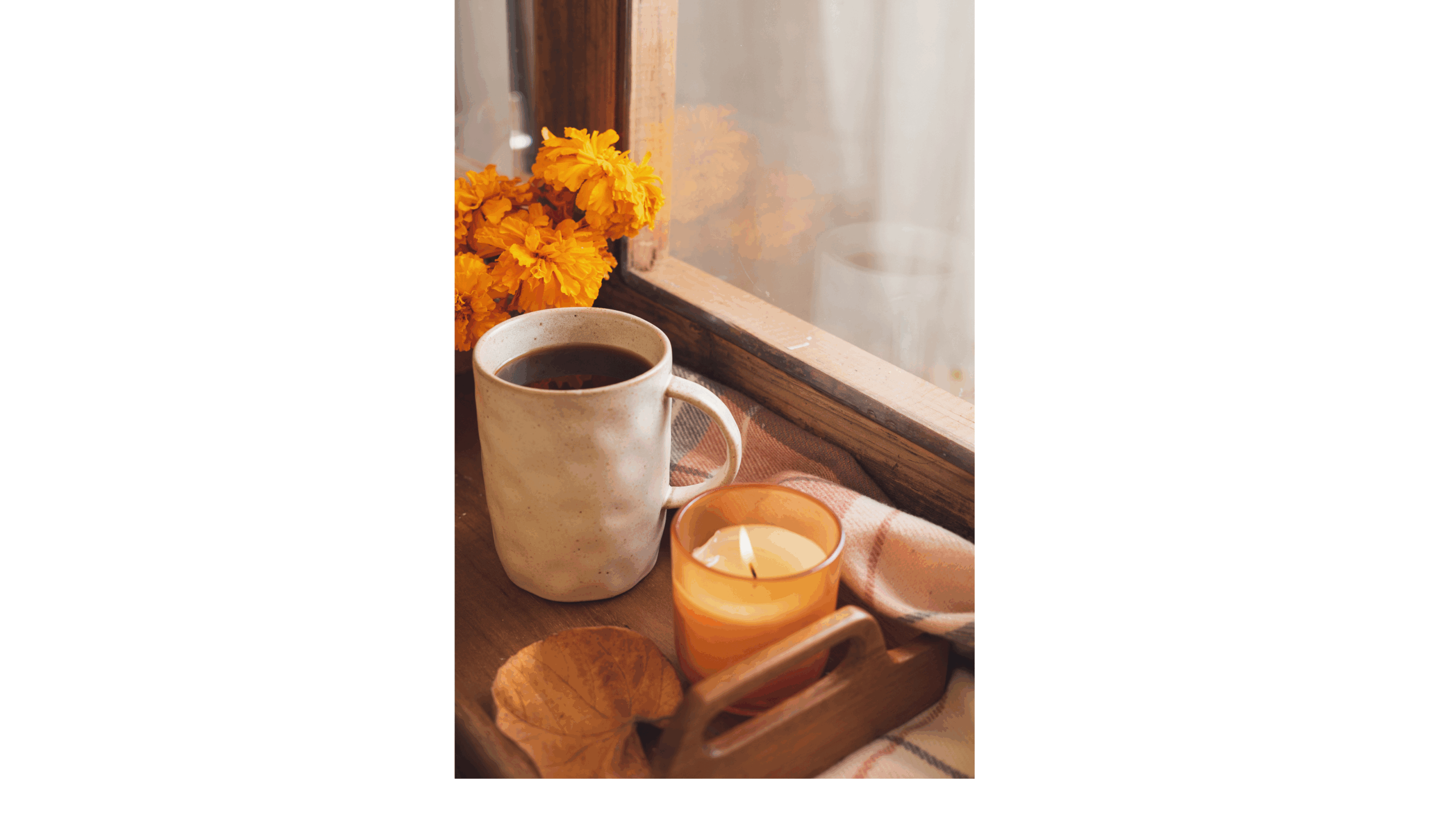 autumn next to window with orange flowers, coffee, and candle burning