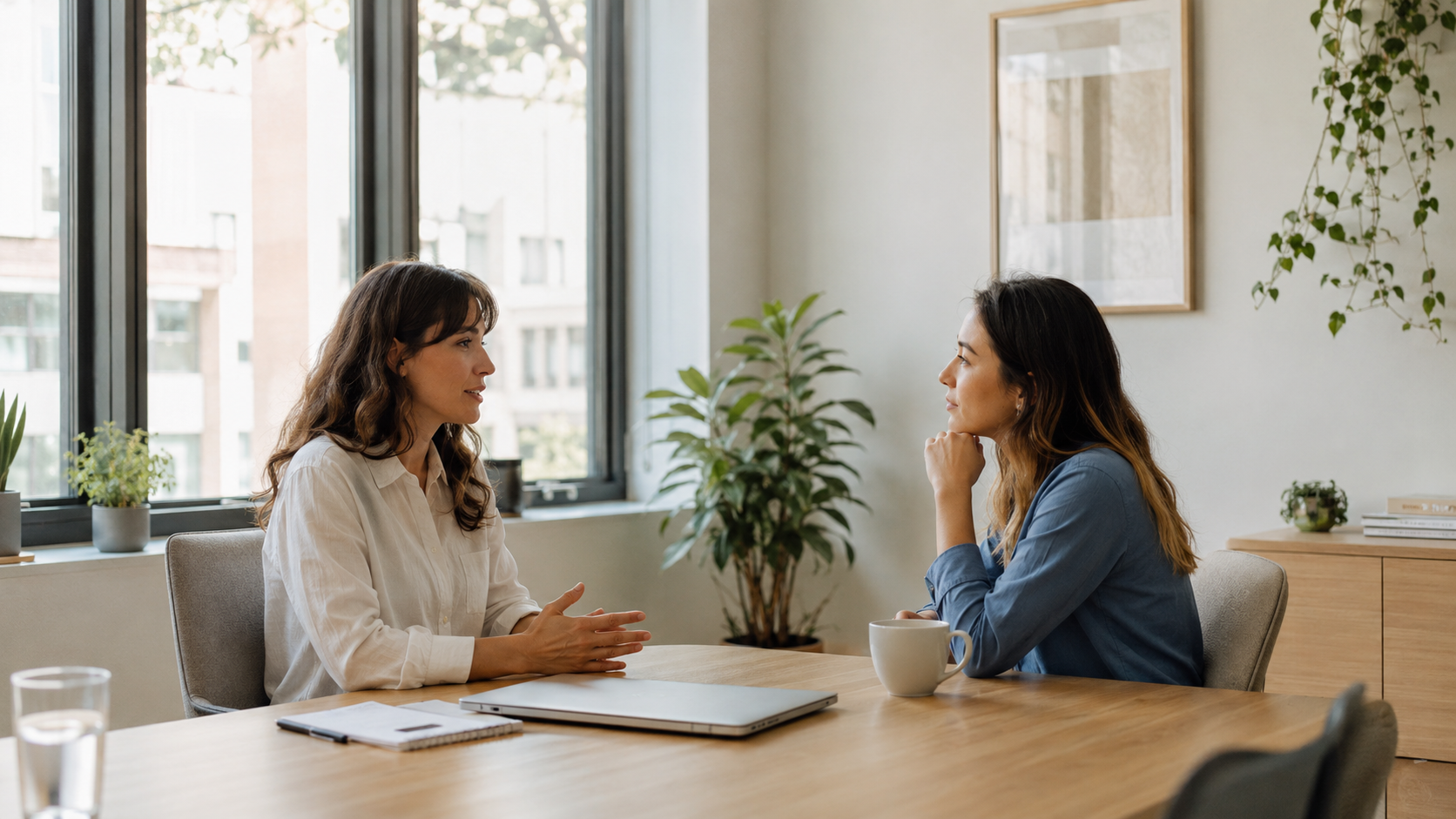 Two women having a calm, focused conversation across a wooden table in a bright, modern office.