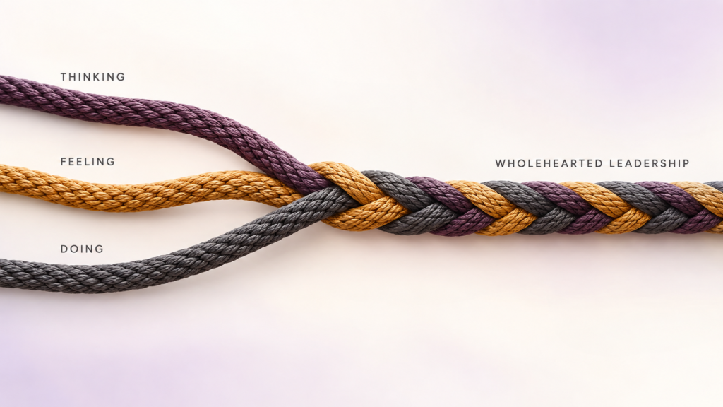 Three strands labelled Thinking, Feeling and Doing woven together to represent strong, wholehearted leadership.